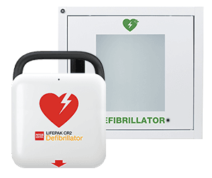 Hjärtstartaren Lifepak CR2 med vitt skåp.